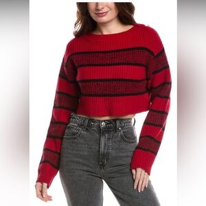 Re/Done Black & Red Cropped Boatneck Pullover Knit Sweater, Size Large